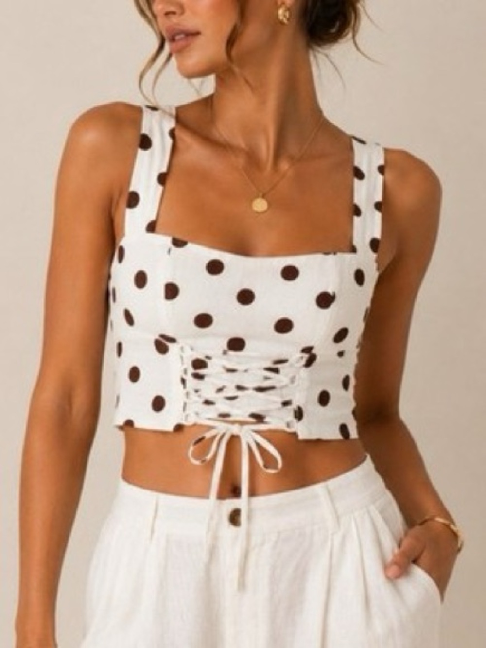 Abercrombie & Fitch White Crop Top with Brown Polka Dots